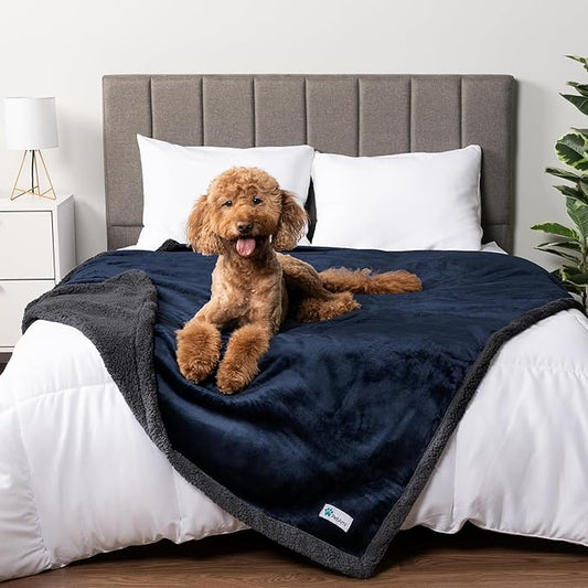 PetAmi Waterproof Dog Blanket for Queen Bed Large XL Dog Throw for Couch Cover Leakproof Furniture Protection, Sherpa Fleece, Reversible Soft Washable 90x90 Navy Gray