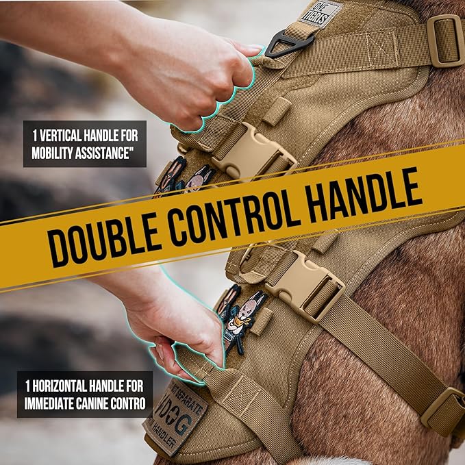 OneTigris Escape Proof Dog Harness, No Pull Dog Harness with Handles, Tactical Multi-Use Support Dogs Harnes for Large Dogs Everyday Wear Walking Hiking Training (Brown, Large)