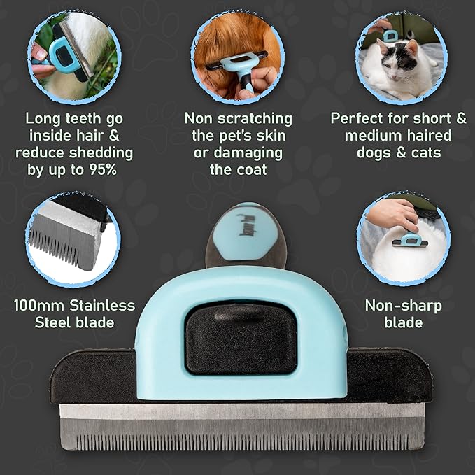 Maxpower Planet Pet Grooming Brush - Deshedding Tool for Dogs and Cats - Short and Medium Hair Deshedder Comb - Reduces Shedding up to 95% - Blue
