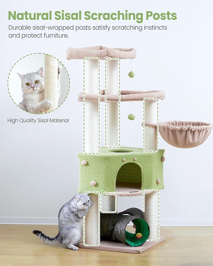 Cat Tree Tower for Indoor Cats Large Adult - Heavy Duty Extra Wide Scratching Post(φ4.4in) Maine Coon Condo House with Hammock Tunnel - 60 Inch XL Feline Bed Trees - Big Multi Level Cat Houses Stand