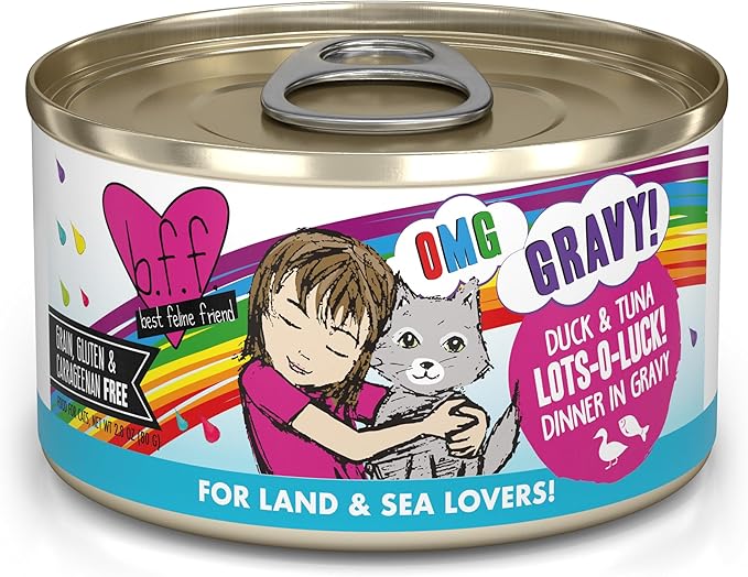 Weruva B.F.F. OMG - Best Feline Friend Oh My Gravy!, Lots-O-Luck! with Duck & Tuna in Gravy Cat Food, 2.8oz Can (Pack of 12)
