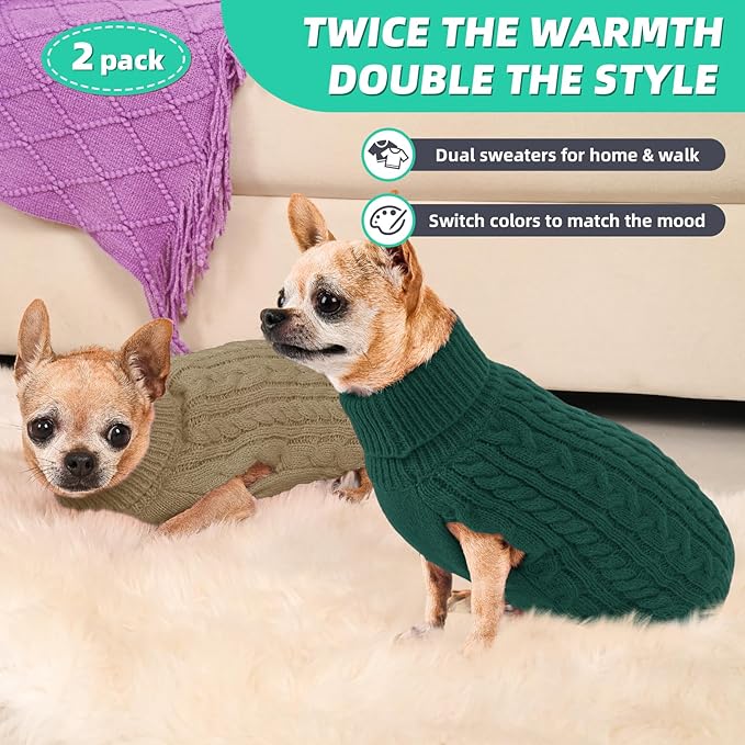 2 Pack Dog Sweaters for Small Dogs Turtleneck Pullover Cable Knit Puppy Stretch Clothes Chihuahua Yorkie Pomeranian Toy Poodle Boy Girl Pets Winter Doggie Clothes (XS, Green & Brown)