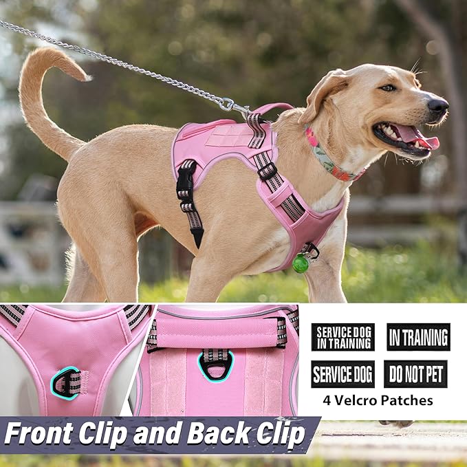 Heavy Duty Tactical Dog Harness for Large Dogs, Adjustable Reflective Service Vest with Control Handle & 4 Patches, No Pull Soft Padded Military Pet Harness for Training Walking Hiking (Pink, M)