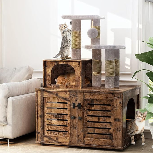 Cat Litter Box Enclosure with Cat Tree Tower 2-in-1 Hidden Pet Washroom Furniture with Scratching Post and Soft Plush Perch Platform Wooden Cat House Divided Condo for Indoor Large Cats Rustic Brown