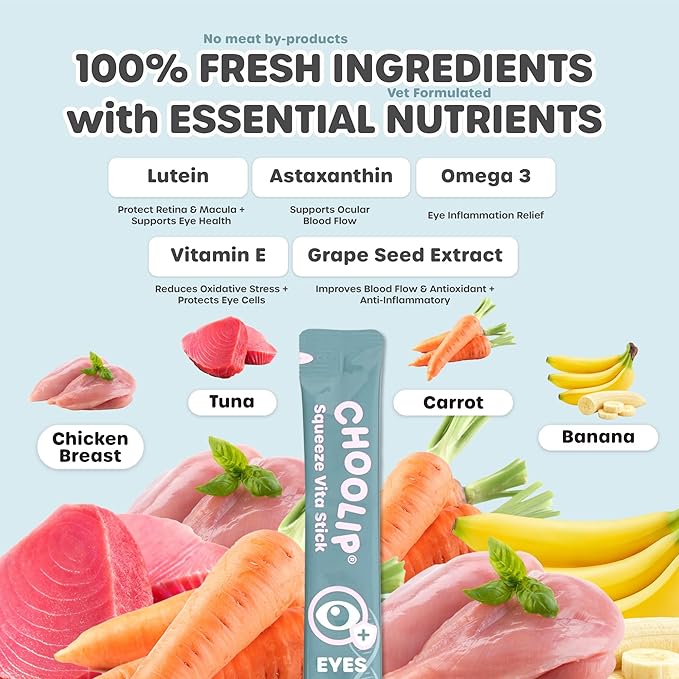 Choolip Squeeze Vita Stick Lickable Cat and Dog Treats – 7-Count Eye Support Sticks with Multivitamins, Soft Squeezable Paste for All Life Stages, Supporting Eye Health