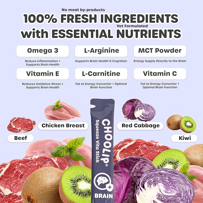 Choolip Squeeze Vita Stick Lickable Cat and Dog Treats – 7-Count Brain Support Sticks with Multivitamins, Soft Squeezable Paste for All Life Stages, Supporting Brain Health