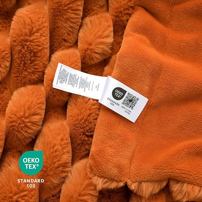 Cozy Bliss Faux Fur Throw Blanket for Couch, Cozy Warm Plush Striped Blanket for Sofa Bedroom Living Room, 50 * 60 Inches Burnt Orange