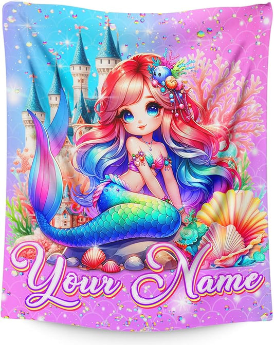 Mermaid Blanket for Girls 4-6 Personalized Throw for Toddler Kids Teens, 40x50 Inches Soft Cozy Custom Throw Blankets for Mermaid Lovers Sofa Couch Bed Travel
