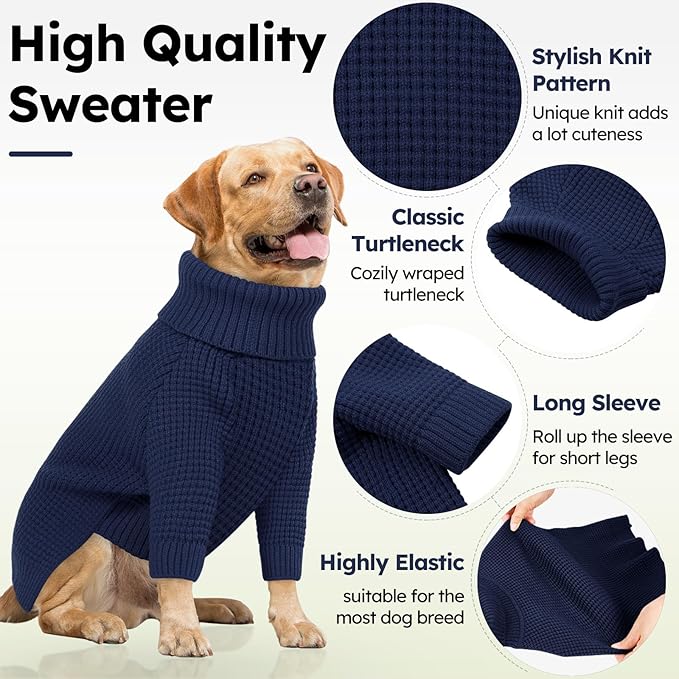 Queenmore Dog Sweaters for Small Dogs Male, Turtleneck Fall Puppy Sweater, Waffle Knit Sweater for Dogs, Cat Sweater Puppy Sweaters, Doggie Christmas Sweater, Navy Blue XS