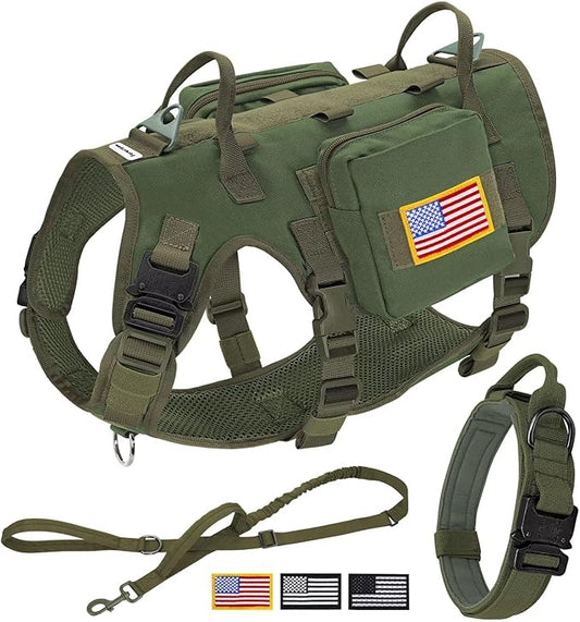 Forestpaw Tactical Dog Harness for Large Dogs,Tactical Dog Collar with Bungee Leash Set,No Pull Military Dog Harness for Walking Training,Adjustable for Medium Large Dogs,Green,Chest 21.5-45"