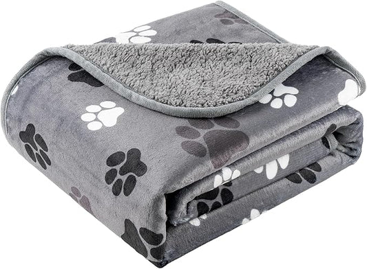 Waterproof Dog Blankets Pet Blanket, 30"x40" Cat Blanket for Indoor Cats, Soft Fluffy Sofa Car Bed Protector, Reversible Sherpa Fleece Puppy Blanket for Small Medium Dogs (Dark Grey-Paws)