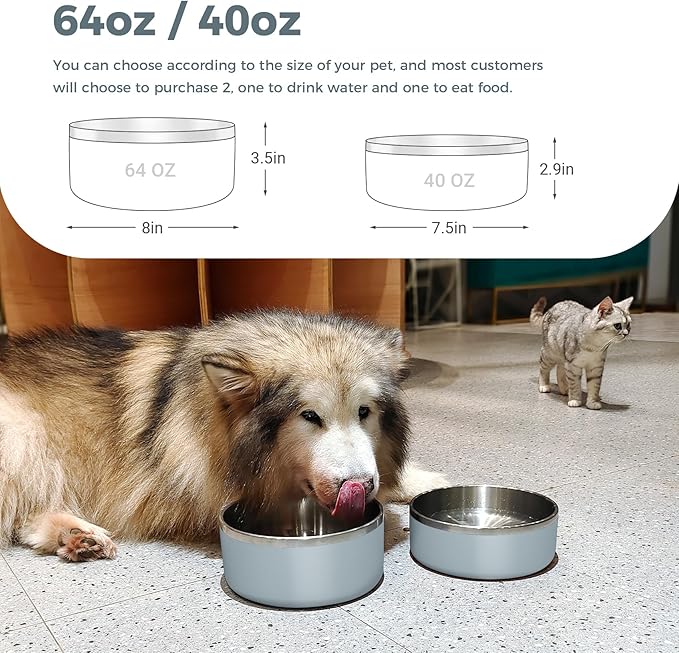 Dog Bowl, Stainless Steel Dog Food and Water Bowl with Non Slip Quiet Bottom, Easy to Clean, Dishwasher Safe, 64oz, Light Grey
