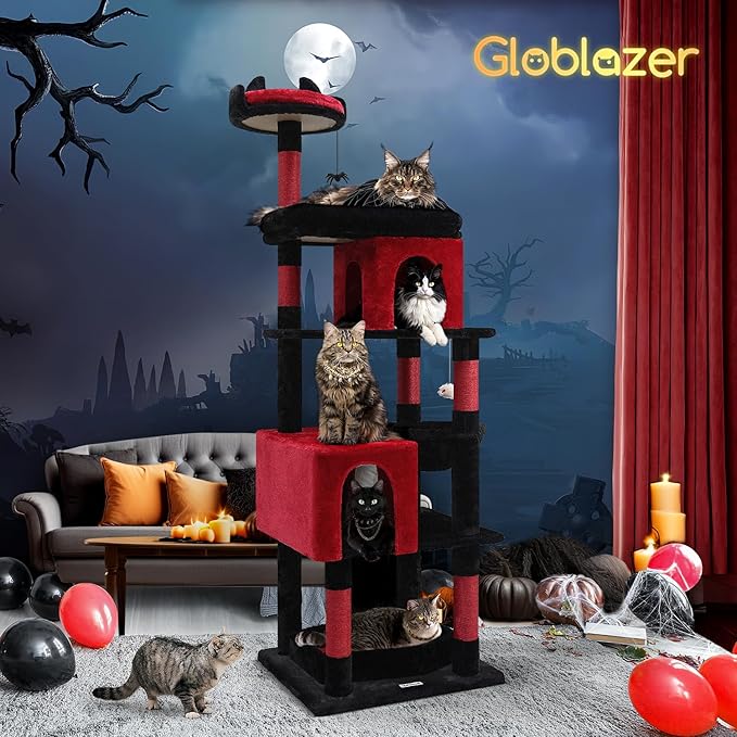 Globlazer Heavy Duty Gothic Cat Tree, 72in Large Cat Tower with Coffin Bed, Sturdy Maine Coon Cat Tree for Large Cats 20 lbs+, Medieval Castle Style with 6 Scratching Posts & Hammock, S72, Black & Red