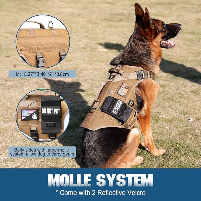 Tactical Dog Harness - PETNANNY Service Dog Vest for Large Dogs Fully Body Coverage in Training Dog Harness with 2 Reflective Dog Patches, Handle, Hook and Loop Panels, Dog MOLLE Vest (Khaki, M)