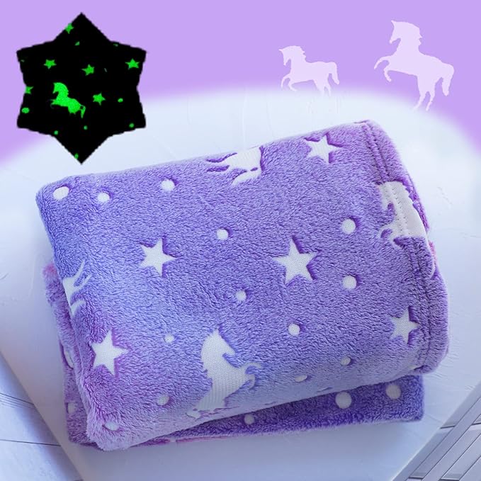 Halloween Unicorn Throw Blanket Glow in The Dark Soft Throw Blanket for Girls Boys with Storage Bag, Gifts for Christmas Birthday Valentines, Kids Blanket, Day Care Home Travel Use, 50"x60" Purple