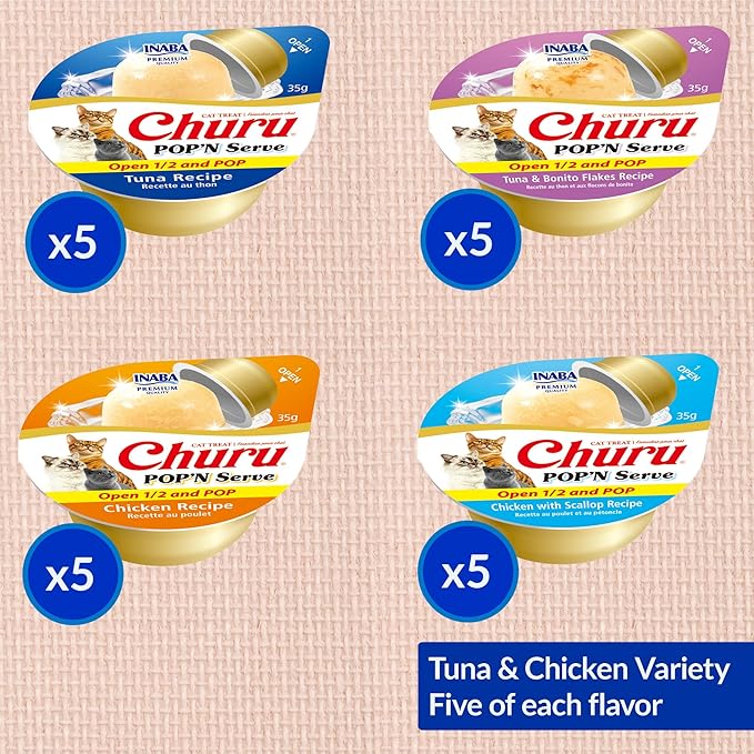 INABA Churu Pop'N Serve Jelly Cat Treat with Vitamin E & Taurine, 1.2 Ounce Cup, 20 Cups, Tuna & Chicken Variety