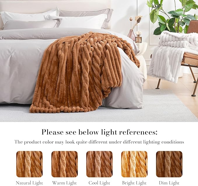 Amélie Home Faux Fur Throw Blanket for Couch, Cozy Fuzzy Fluffy Fur Luxurious Soft Striped Plush Gift Blankets for Family Sofa Chair Bedroom, 55"x70", Brown