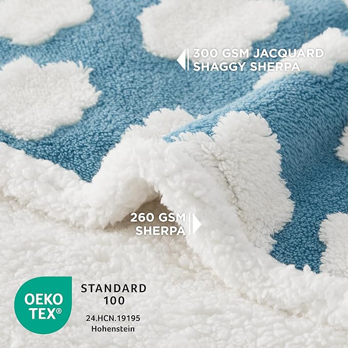 LE SURE Waterproof Dog Blanket for Large Dogs - Washable Double Sided Dog Blankets with Warm Jacquard Shag and Soft Sherpa Fleece, Pet Cat Blanket for Bed Protection, 3D Textured Cloud, Blue