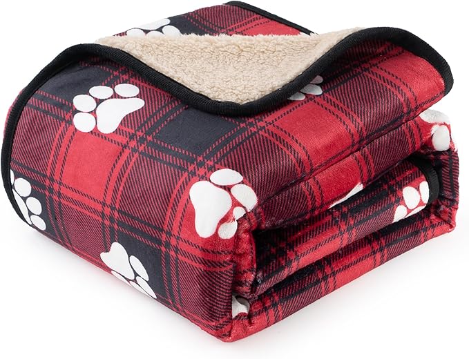 Waterproof Dog Blankets Pet Blanket 50"x60", Soft Fluffy Sofa Car Bed Protector, Reversible Sherpa Fleece Dog Blanket for Large Dogs Christmas Decor(Paw Red)