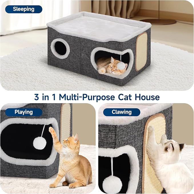 Shikha Cat Beds for Indoor Cats, Extra Wide Cat Cube House for Multi Cats, Foldable Cat Cave Hideaway with Arc-Edge Design & Oval Door, Reversible Cushion for All Seasons, 24"L x 17.7"D x 12.6"H, Grey