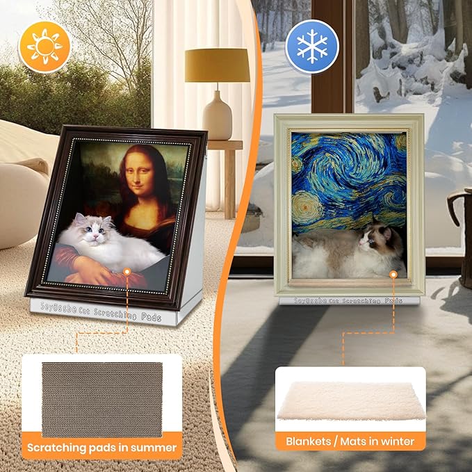 Mona Lisa Cat Bed Painting Cat Scratcher Bed CartBoard Cat House for Indoor Cats Half-Surround Design W/Horizontal Cat Scratcher Scratching Board W/Catnip (B1-Mona Lisa, Frame Pre-Taped)