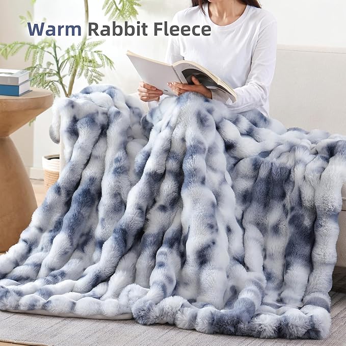 Smoofy Faux Fur Throw Blanket for Couch Rabbit Fleece - Tie-dye Blue Fluffy Blanket for Sofa Bedroom Living Room, Cozy Soft Plush Luxury Thick Winter Fuzzy Comfy Bubble Blanket - 50" x 60"