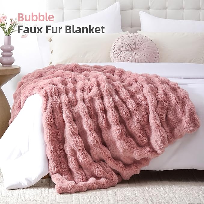Smoofy Faux Fur Throw Blanket for Couch – Old Pink Fluffy Cozy Rabbit Fleece, Plush Soft Bubble Blanket for Sofa & Bed, for Mom, Warm Fuzzy Home Room Decor Throw 60" x 80"