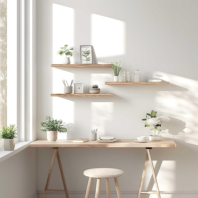 24 Inch Light Wood Floating Shelves for Wall Rustic Wall Shelf for Bedroom Living Room Set of 4