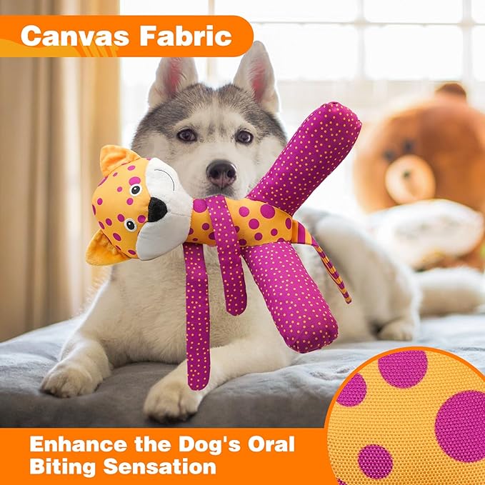 Squeaky Dog Toys, Canvas Fabric Sturdy Dog Toy Built-in Crinkle Paper, Cute Leopard Interactive Dog Toys for Small and Medium Dogs