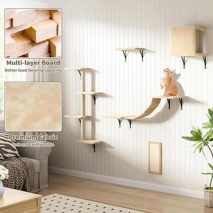 Cat Wall Shelves, Wall Mounted Cat Furniture, Cat Wall Cimber with Perches, Scratchers and Condo, Set of 5 (Beige)