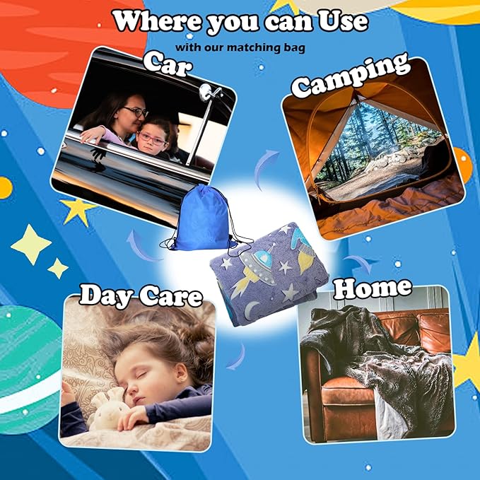 Best Gift Halloween Space Glow in The Dark Rocket Throw Blanket with Storage Bag, Soft Throw Blanket for Boys, Gifts for Christmas Birthday New Year, Kids Blanket, Day Care Home Use, 50"x60" Blue