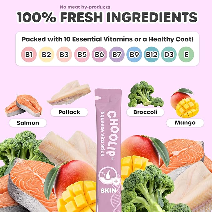 Choolip Squeeze Vita Stick Lickable Cat and Dog Treats – 49-Count Coat Support Sticks with Multivitamins, Soft Squeezable Paste for All Life Stages, Supporting Coat Health