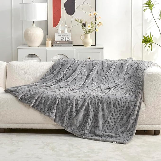 Cozy Bliss Faux Fur Throw Blanket for Couch, Jacquard Fuzzy Plush Soft Thick Winter Throw Blanket for Sofa Bed Living Room Bedroom,50"x60" Grey