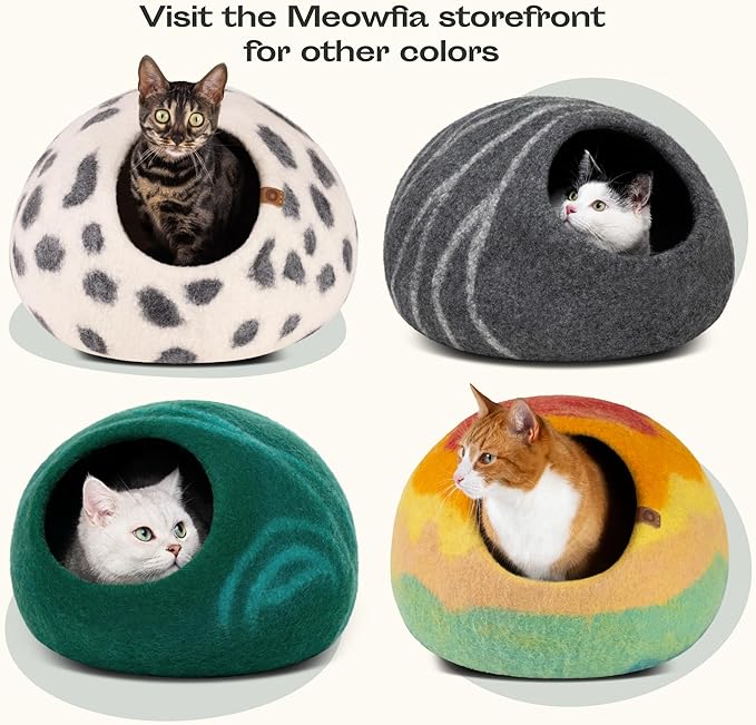 MEOWFIA Cat Cave – Premium Felt Cat Bed for Indoor Cats, Handmade 100% Merino Wool (Medium, Black Aqua)