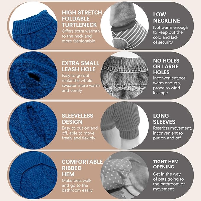BINGPET Thermal Knitted Dog Sweater for Small Medium Large Dogs,Winter Dog Cat Coat Warm Sweartershirts Outfits,Classic Cable Knit Turtleneck Pullover Dog Jumper Coat Warm Sweartershirts(Blue,SM)