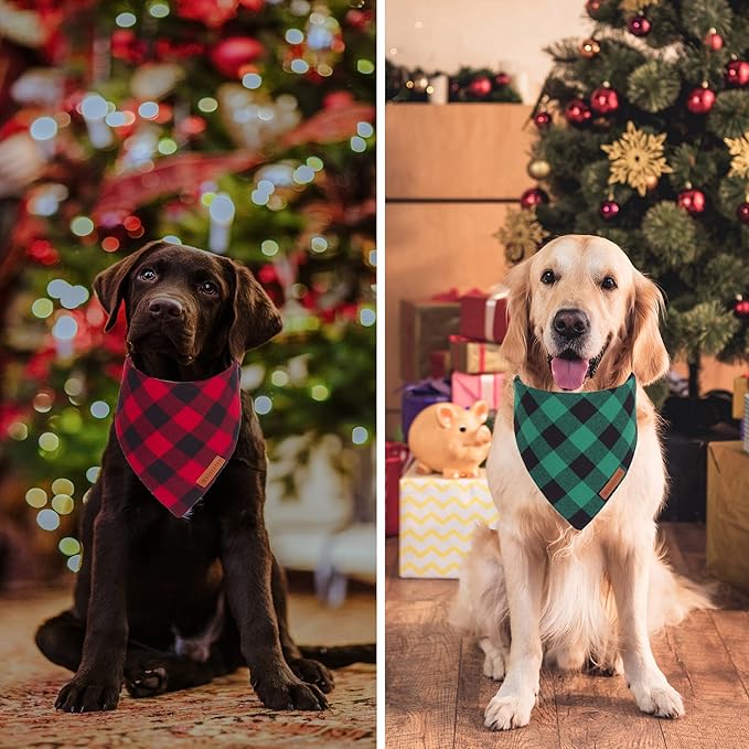 ADOGGYGO 4 Pack Dog Bandana Christmas Classic Plaid Bandana Scarf, Multiple Sizes Offered, Blue White Green Red Plaid Bandana for Large and X-Large Dogs (X-Large)