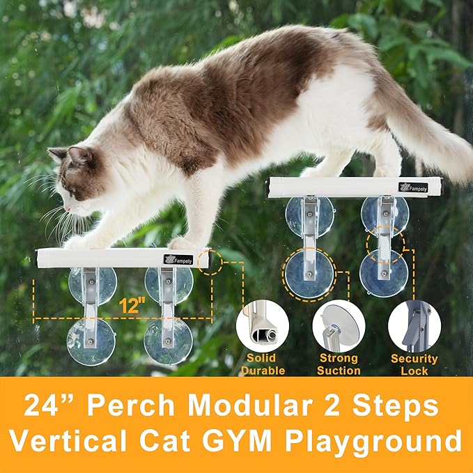 24"XL Cat Window Perch=12" Duo Pac Step=2 Mini Stand for Narrow Space,Vertical Gym Set,8+8 Suction Cup,Hold Up 80LB,Foldable Cordless Underneath Support,Textilene Seat Bed,Easy Clean&Dry-White