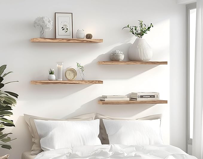 24 Inch Light Wood Floating Shelves for Wall Rustic Wall Shelf for Bedroom Living Room Set of 4