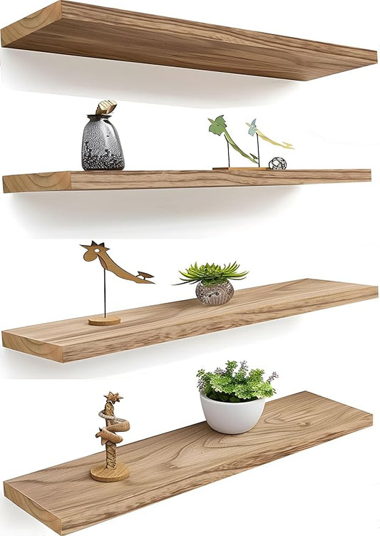 24 Inch Light Wood Floating Shelves for Wall Rustic Wall Shelf for Bedroom Living Room Set of 4