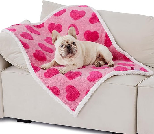 Lesure Waterproof Puppy Blanket for Medium Dogs - Washable Double Sided Dog Blankets with Warm Jacquard Shag and Soft Sherpa Fleece, Pet Cat Blanket for Couch Protection, Love Pattern Design,Pink