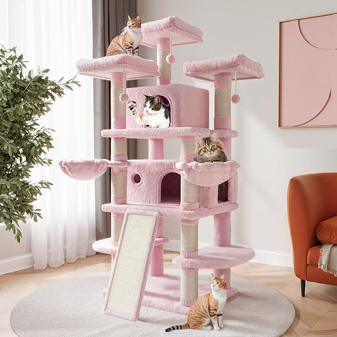 SHA CERLIN 68 Inches Multi-Level Large Cat Tree for Large Kitties/Big Cat Tower with Condo/Cozy Plush Pussycat Perches/Sisal Scratching Posts and Hammocks/Activity Center/Pink