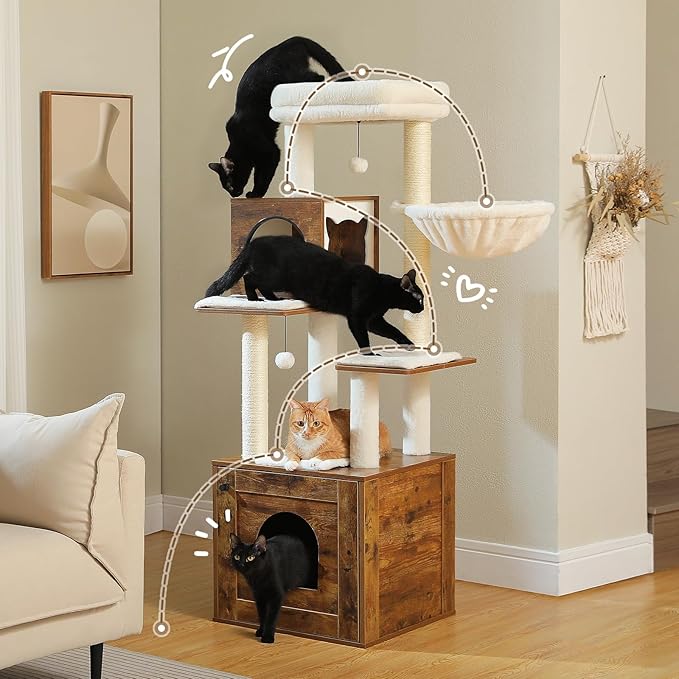 Tall Cat Tree with Litter Box Enclosure 57.5" Wooden Cat Tower for Large Cats with Cat Hammock House Bed (Wood Walnut)