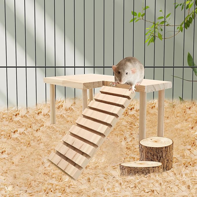 Hamster Wooden Platform with Legs Small Animal Climbing Ladder Standing Rat Guinea Perch Chew Toy Cage Accessories (Platform-Small)