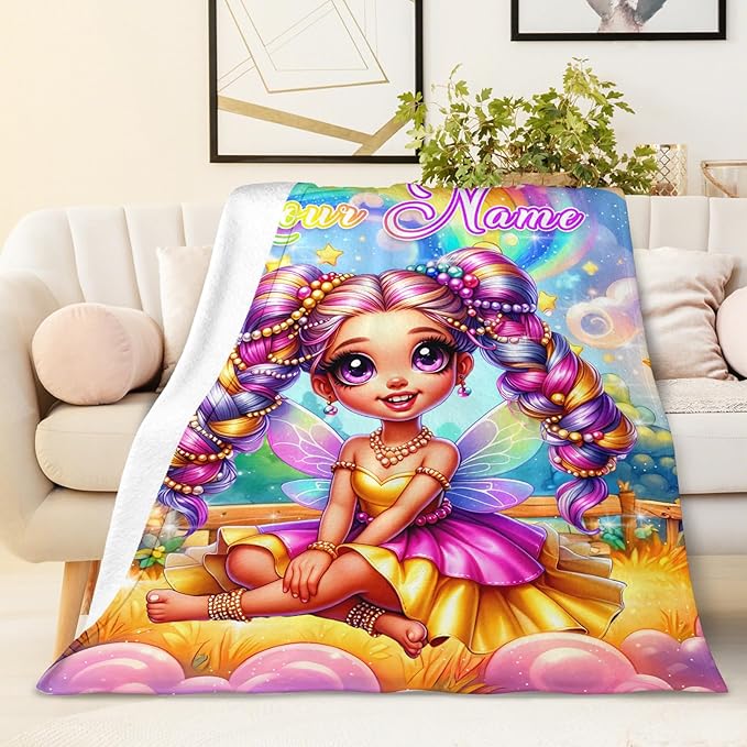 Girls Personalized Blanket Custom Fairy Throw Gift for Kids Daughter Birthday, 50x60 Inches Lightweight Soft Cute Fairy Throw Blankets for Sofa Couch Living Room Bed