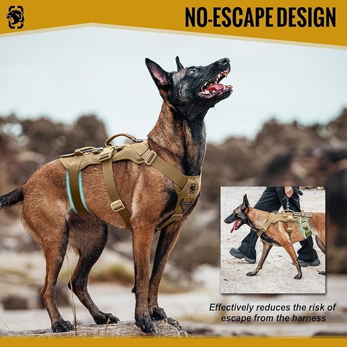 OneTigris Escape Proof Dog Harness, No Pull Dog Harness with Handles, Tactical Multi-Use Support Dogs Harnes for Large Dogs Everyday Wear Walking Hiking Training (Brown, Large)