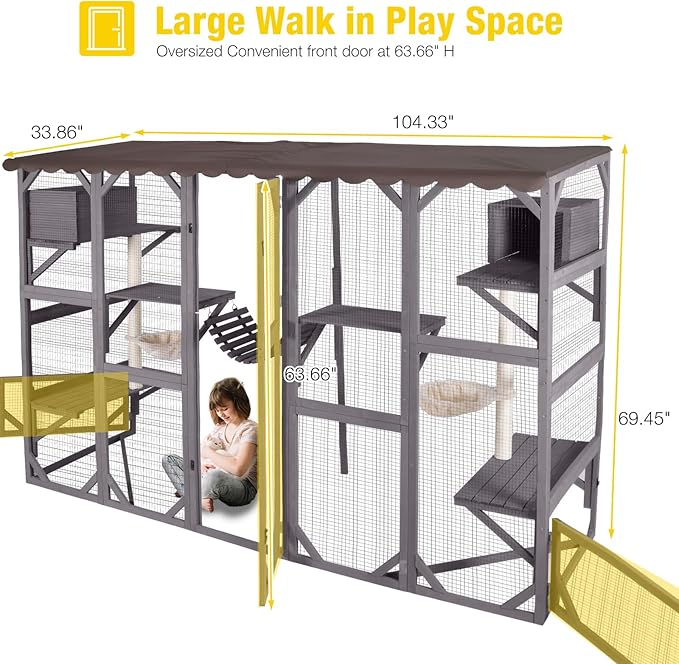 Aivituvin Catio Outdoor Cat Enclosure Window Box Wall Mounted Wooden Cat House Playground with Scratching Posts, Baskets, Resting House, Shelves and Bridge for Multiple Kitties,104" x 34" x 69.5"