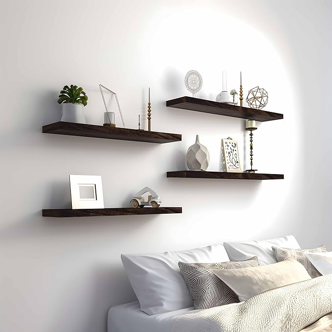 24 Inch Brown Wood Floating Shelves for Wall Rustic Wall Shelf for Bedroom Living Room Set of 4