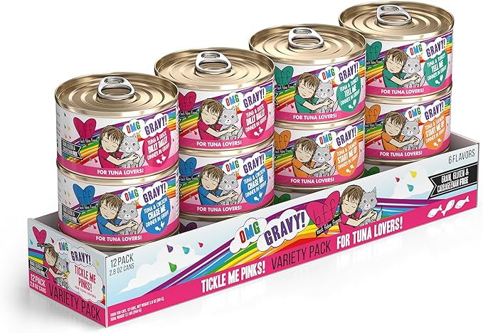 Weruva B.F.F. OMG - Best Feline Friend Oh My Gravy!, Tickle Me Pinks! Variety Pack, 2.8oz Can (Pack of 12)