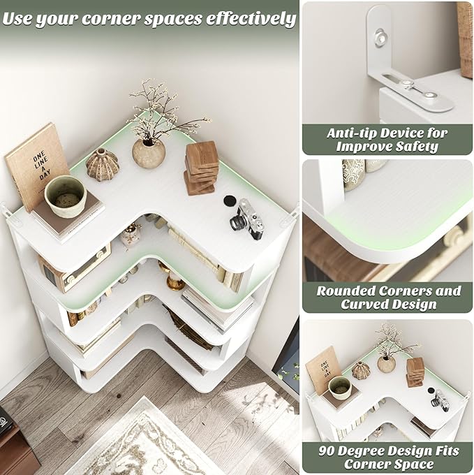 Armocity Corner Book Shelf - 5 Tier Corner Bookshelf Etagere Bookcase with Baffle, Freestanding L Shaped Display Shelf Stand for Home Office, Living Room, Bedroom, Kitchen, White