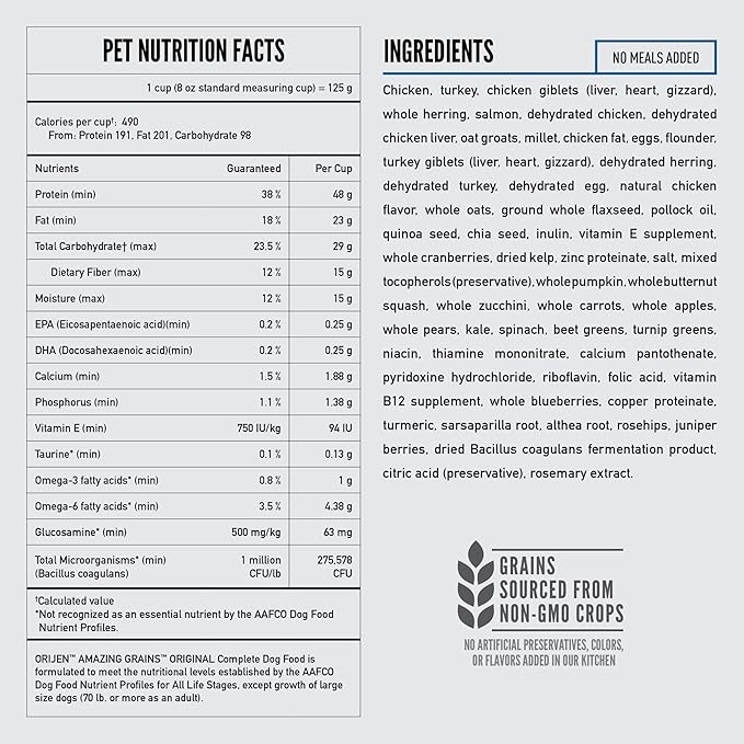 ORIJEN Amazing Grains High Protein Dry Dog Food Original Recipe 4lb Bag